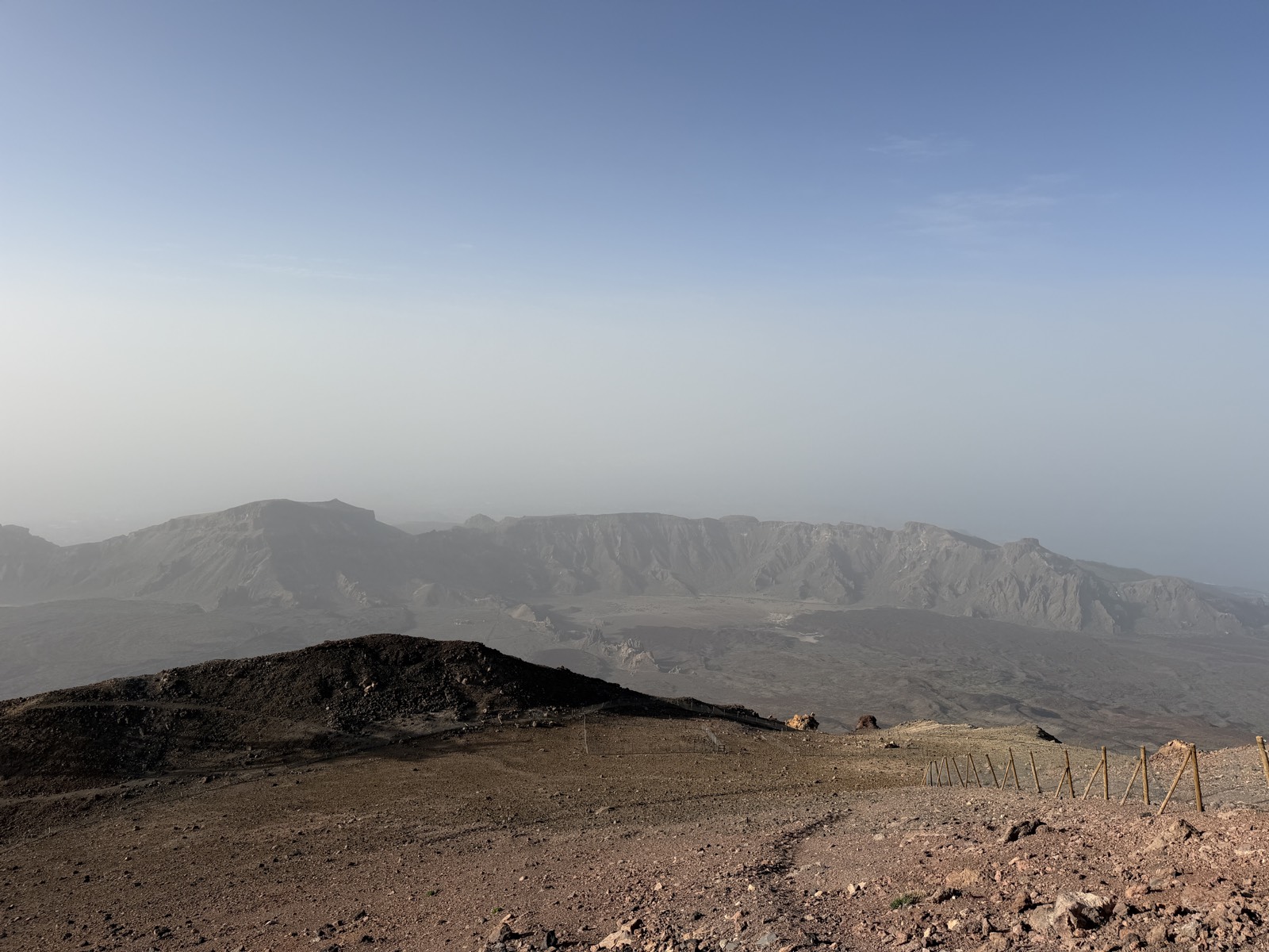 Wide view across the Las Cañadas caldera in Teide National Park, with pale eroded caldera walls rising above flat volcanic plains