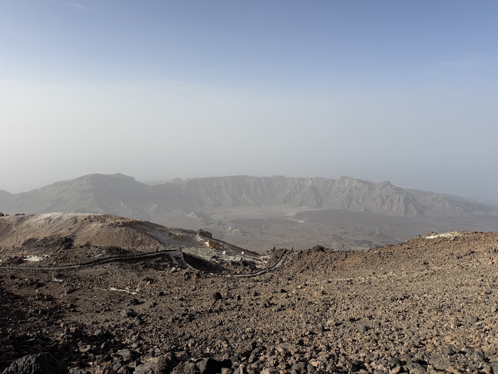 Panorama across the Las Cañadas caldera with the park road cutting through the volcanic plain