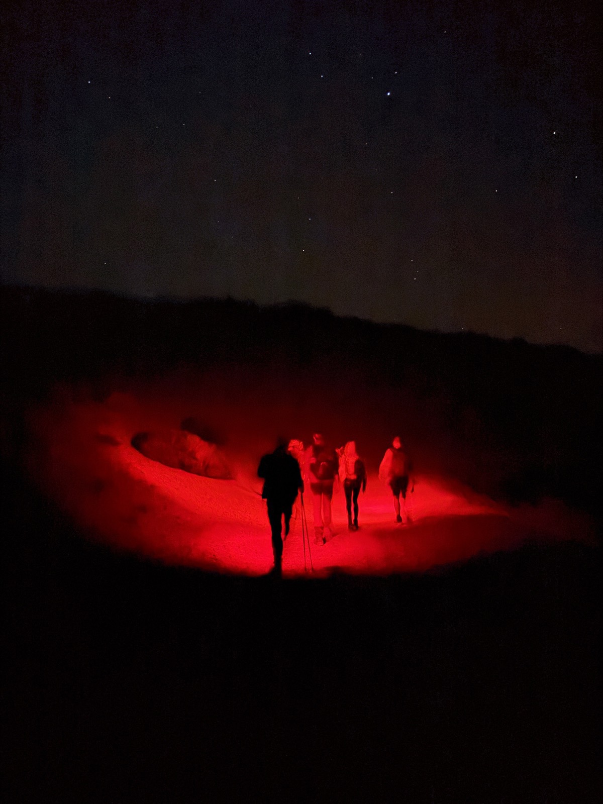 Night hiking group on Mount Teide lit by red head-torch light